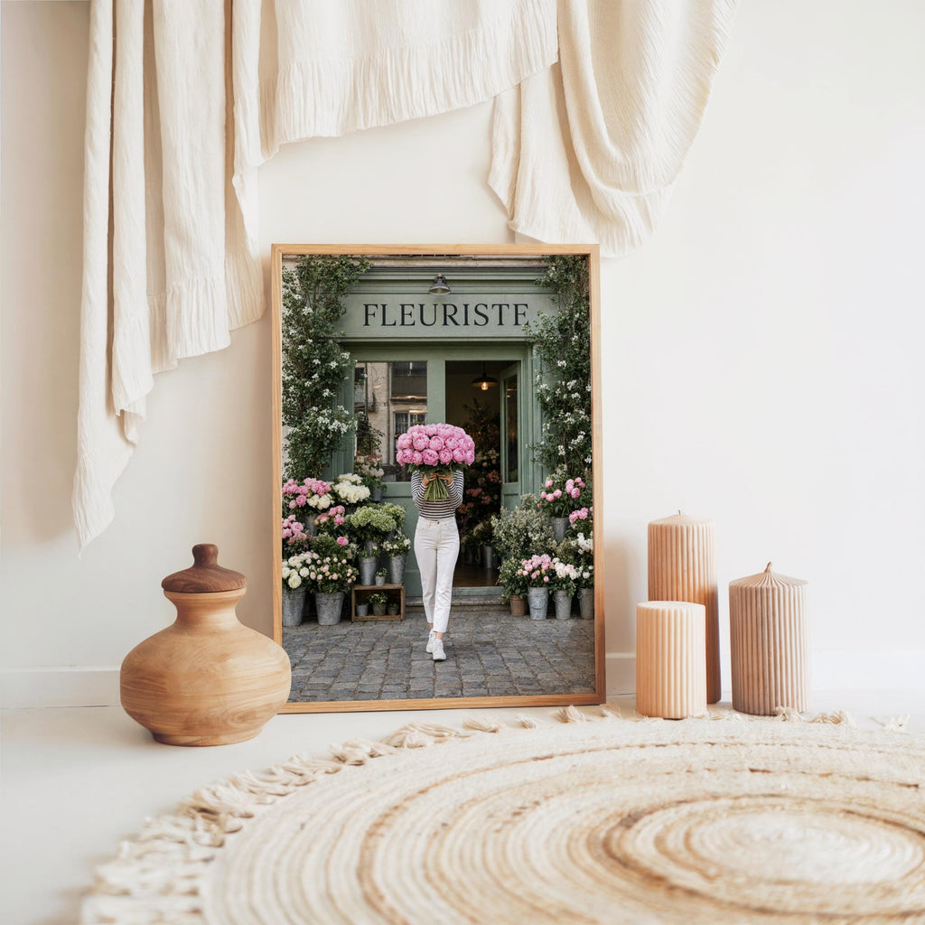 Woman with Pink Peony Bouquet Wall Art, Flower Shop in Paris Print, Floral Feminine Decor, Chic European Street Photography, French Market