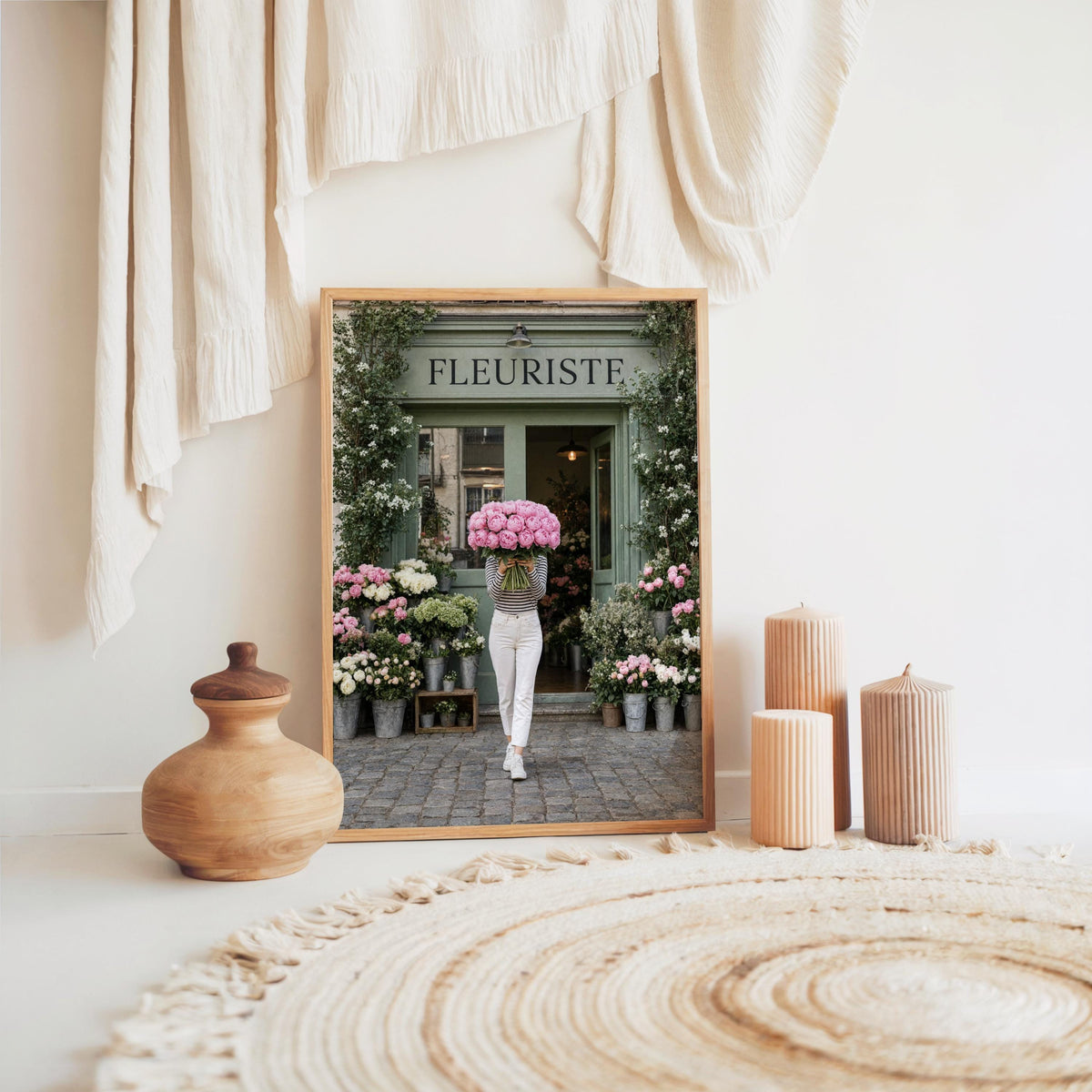 Woman with Pink Peony Bouquet Wall Art, Flower Shop in Paris Print, Floral Feminine Decor, Chic European Street Photography, French Market