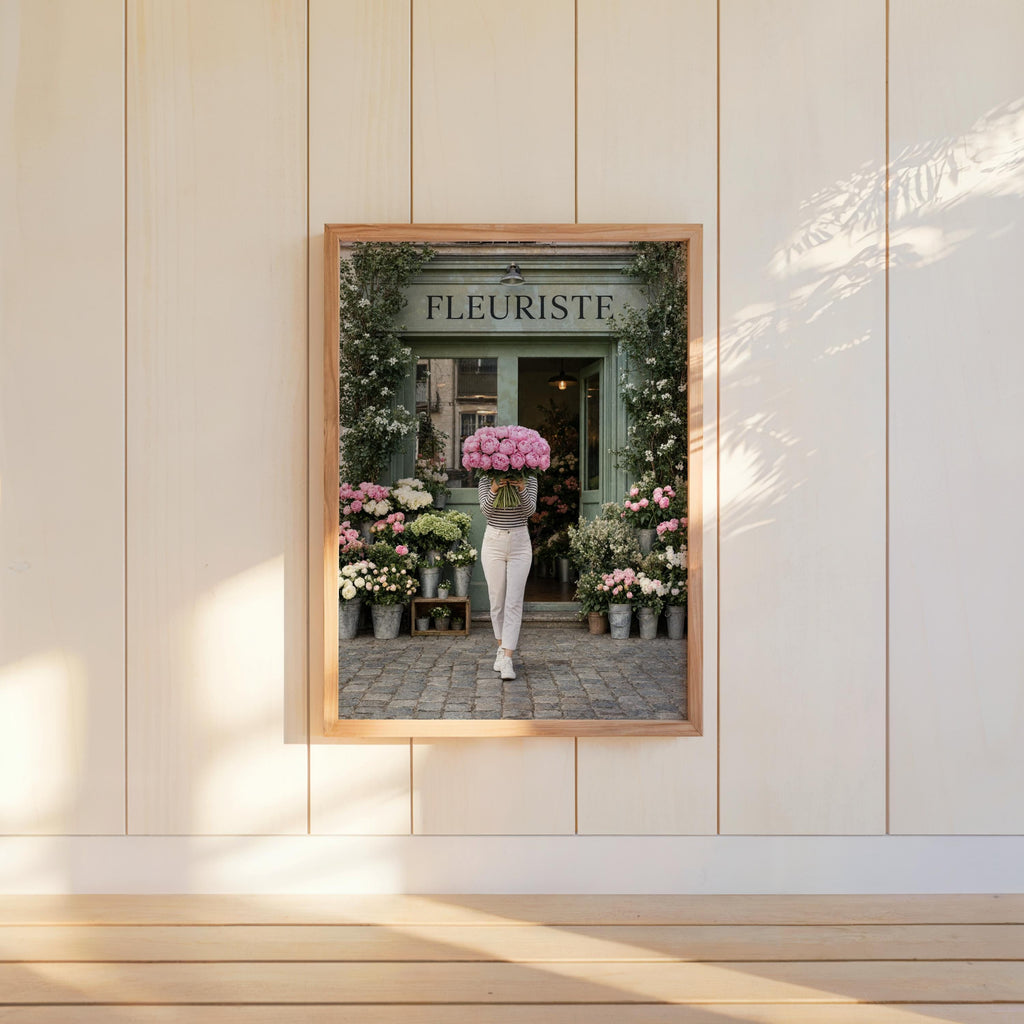 Woman with Pink Peony Bouquet Wall Art, Flower Shop in Paris Print, Floral Feminine Decor, Chic European Street Photography, French Market