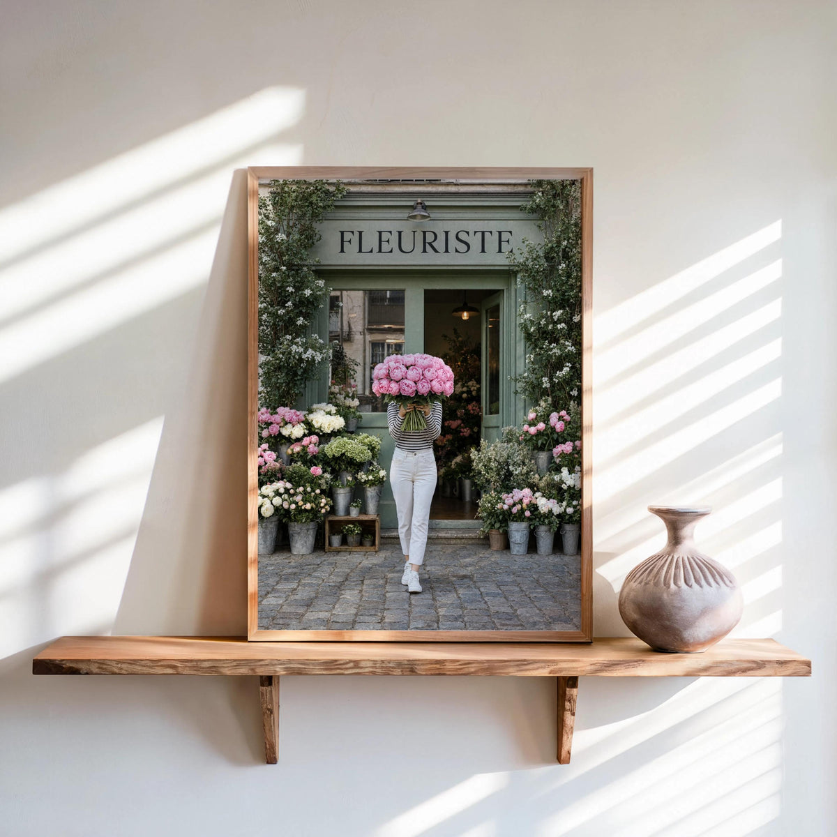 Woman with Pink Peony Bouquet Wall Art, Flower Shop in Paris Print, Floral Feminine Decor, Chic European Street Photography, French Market