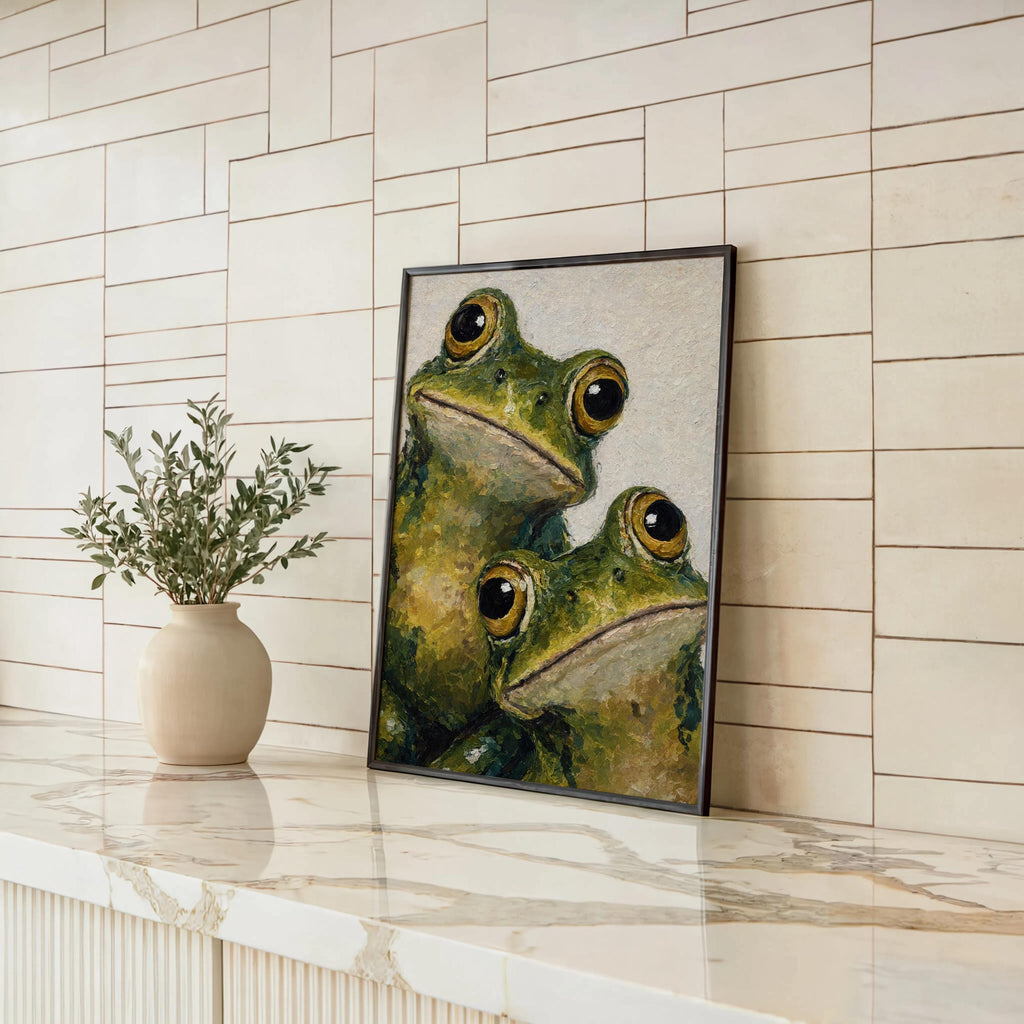 Cottagecore frog art leaning against pale tiled wall, small plant, earthy greens and painterly texture.