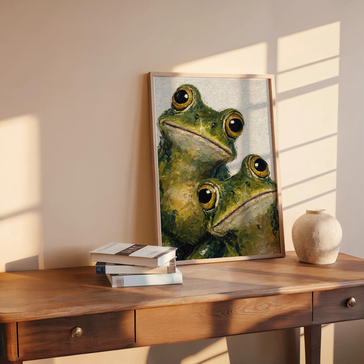 Funny frog poster propped on a desk with books and clay vase, textured impasto greens.