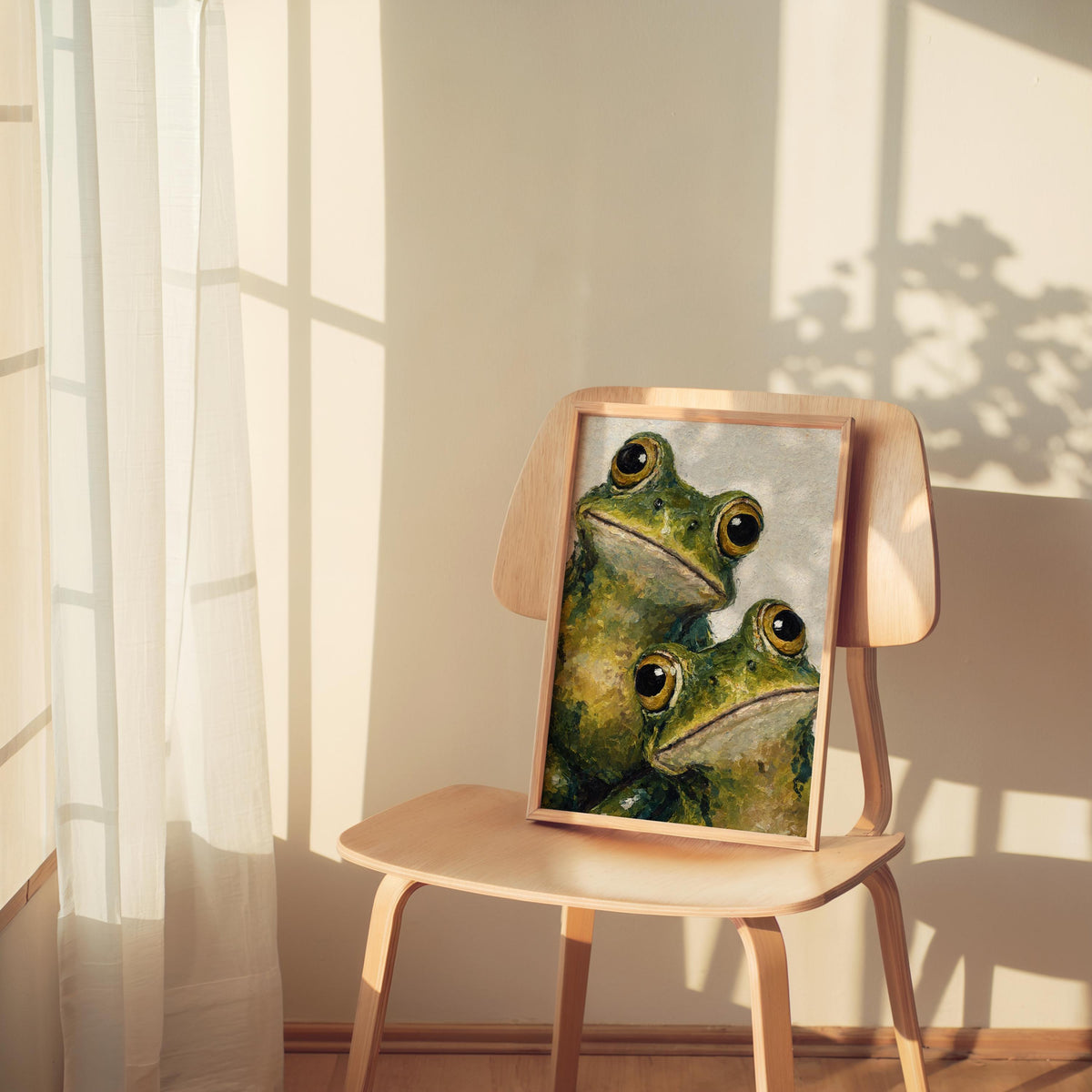 Whimsical frog print resting on a wooden chair, soft shadows, impasto detail highlights expressive eyes.