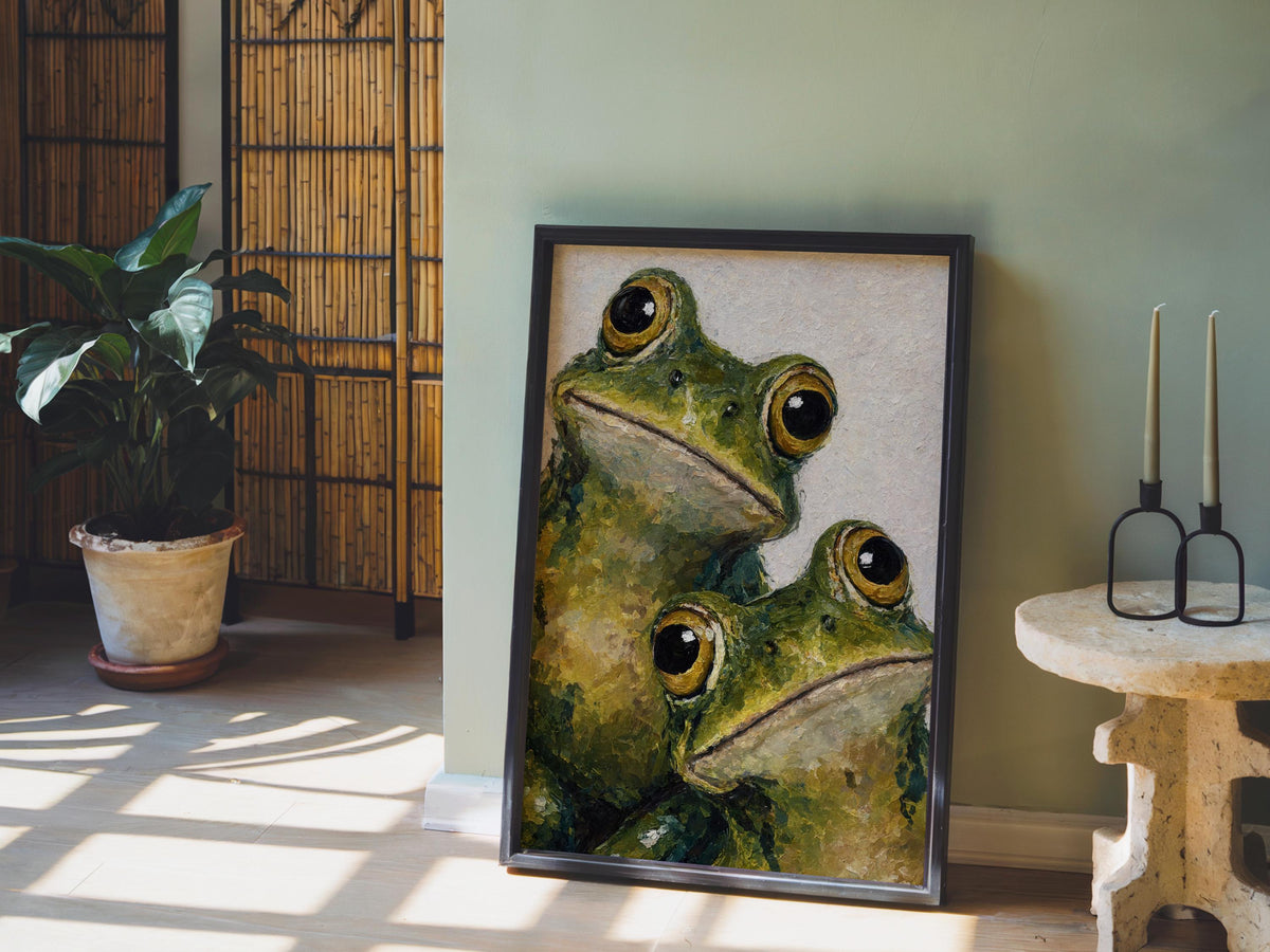 Frog art print leaning in a cozy corner, potted plant nearby, oversized expressive eyes, earthy tones.