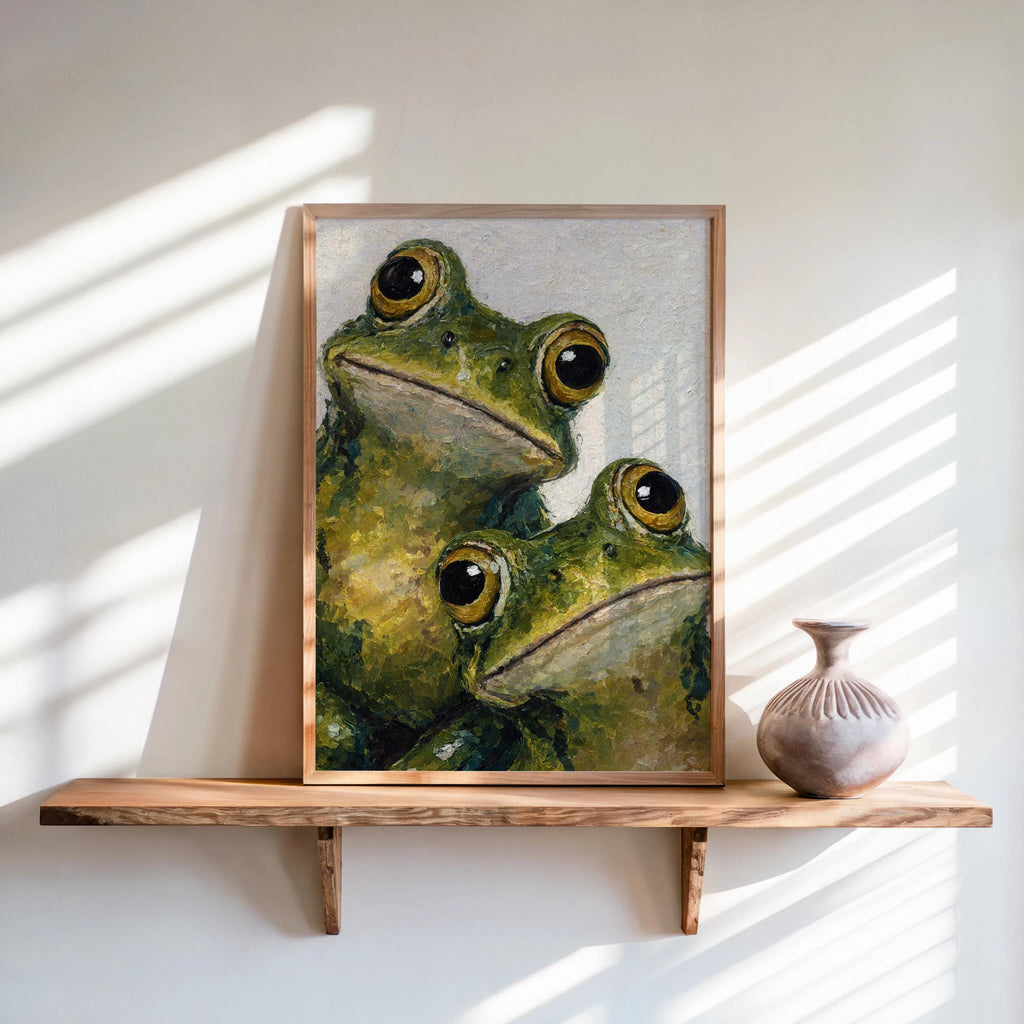 Framed funny frog wall art leaning on a sunlit wooden shelf, impasto texture, earthy green frogs.