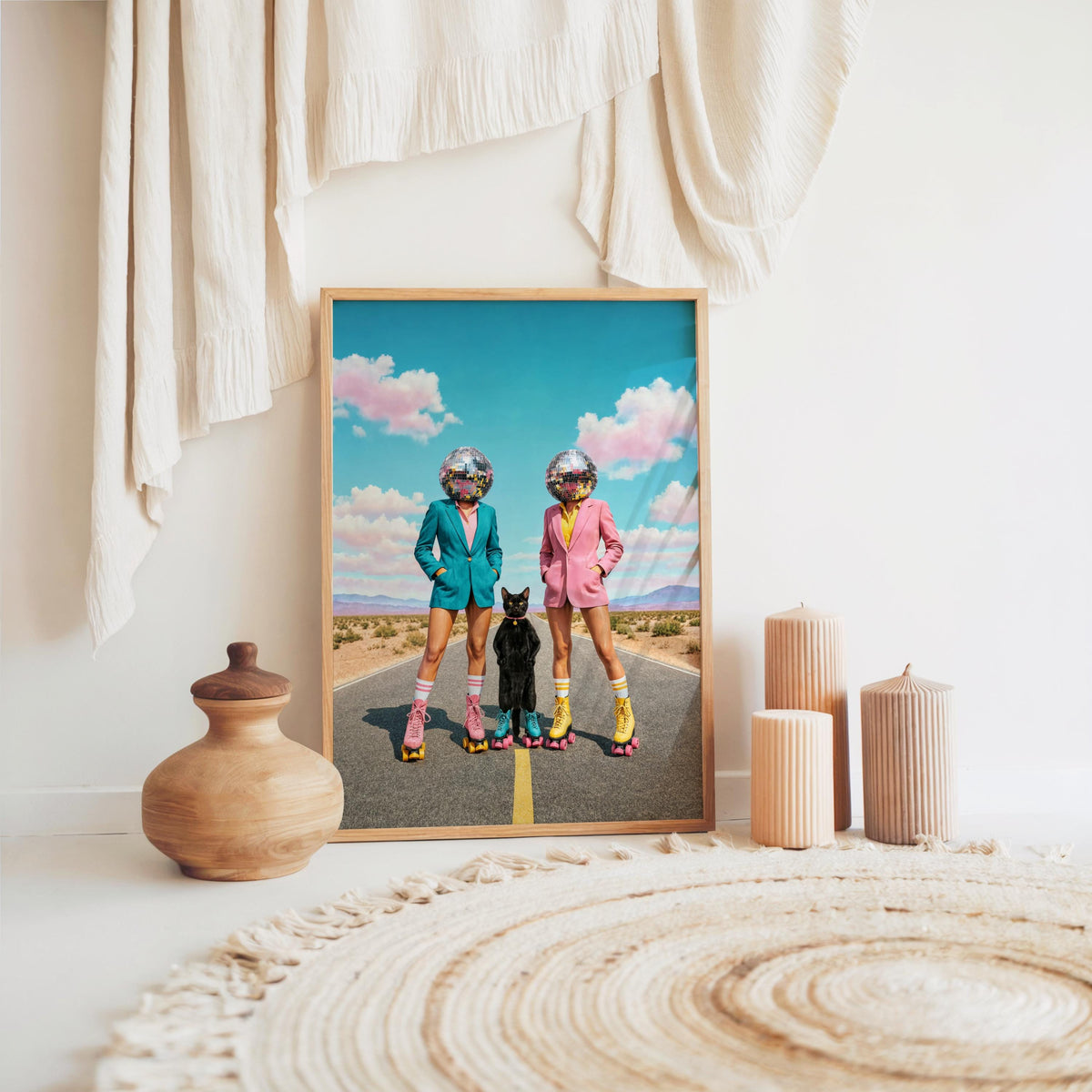 Disco Ball Head Wall Art, Retro Surreal Western Cat Print, Quirky Roller Skate Poster, Maximalist Pink Teal Decor, Funky 70s Portrait