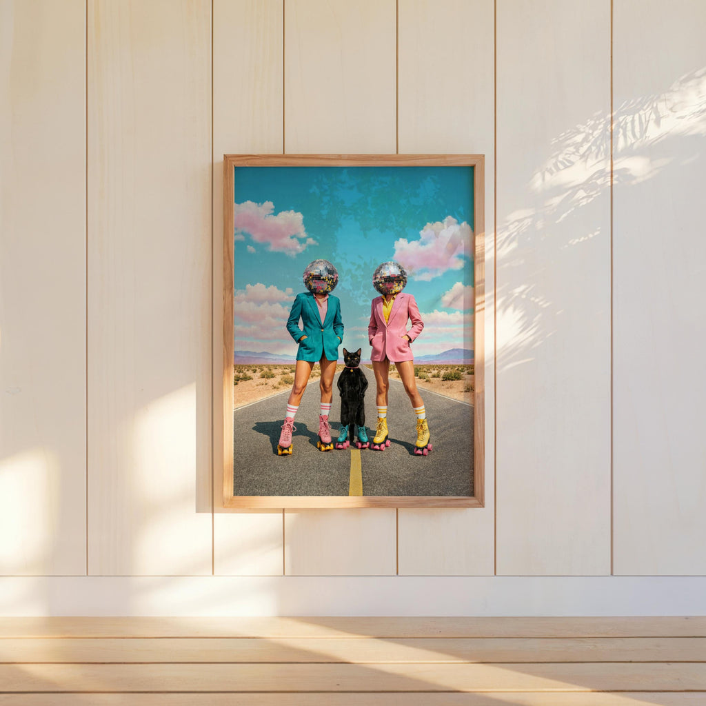 Disco Ball Head Wall Art, Retro Surreal Western Cat Print, Quirky Roller Skate Poster, Maximalist Pink Teal Decor, Funky 70s Portrait