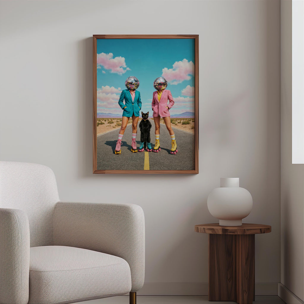 Disco Ball Head Wall Art, Retro Surreal Western Cat Print, Quirky Roller Skate Poster, Maximalist Pink Teal Decor, Funky 70s Portrait