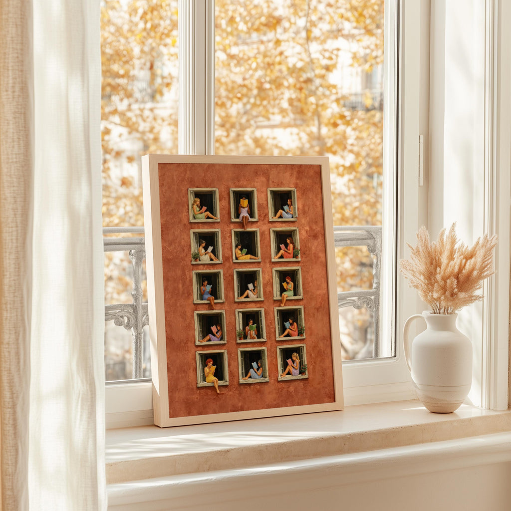 Women Reading Books in Windows Art Print, Terracotta Building Wall Decor, Cozy Reader Gift, Surreal Architecture Poster, Book Lover Decor