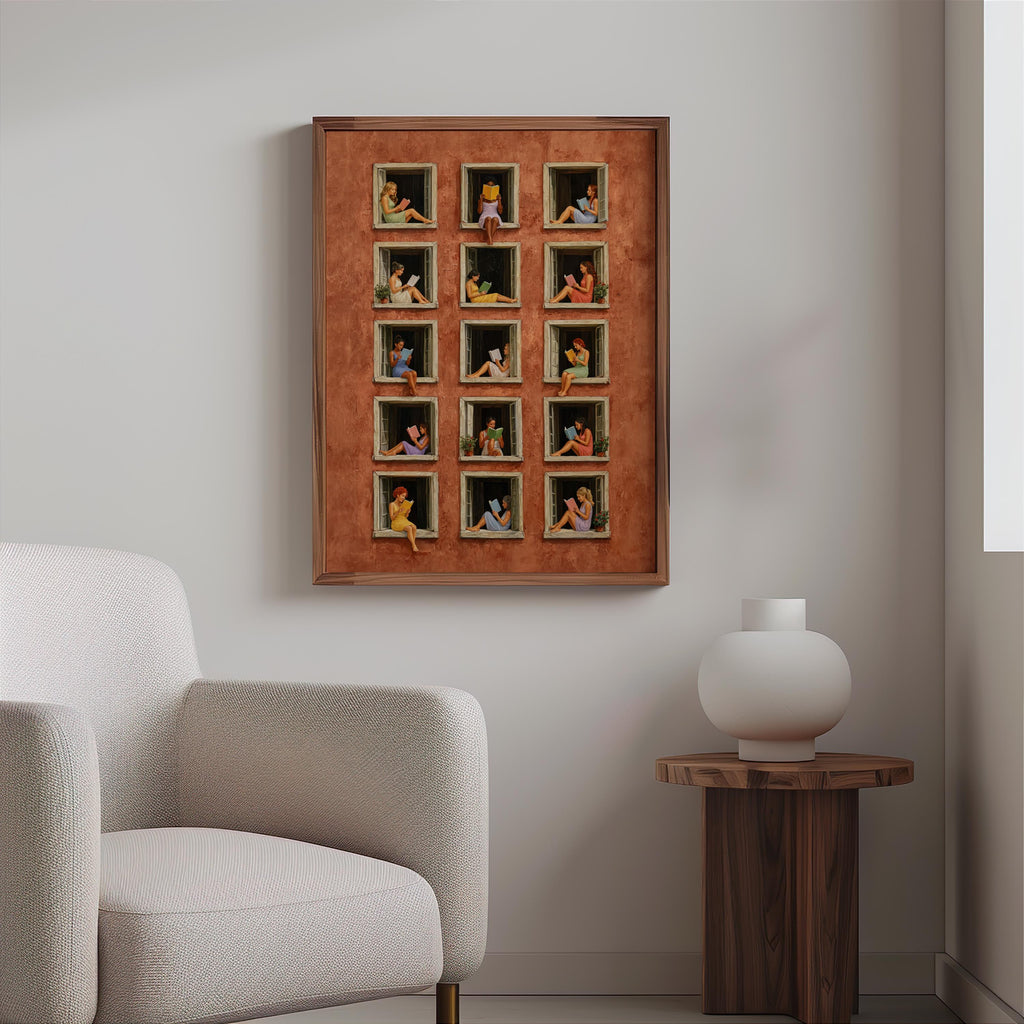 Women Reading Books in Windows Art Print, Terracotta Building Wall Decor, Cozy Reader Gift, Surreal Architecture Poster, Book Lover Decor