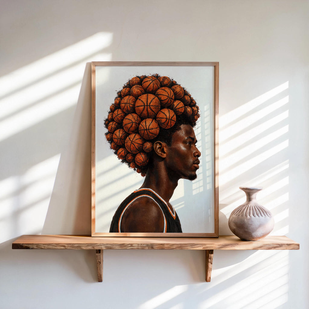 Basketball Afro Print, Surreal Athlete Portrait, Sneakerhead Sports Decor, Afrocentric Black Man Culture Poster, Modern Urban Wall Art