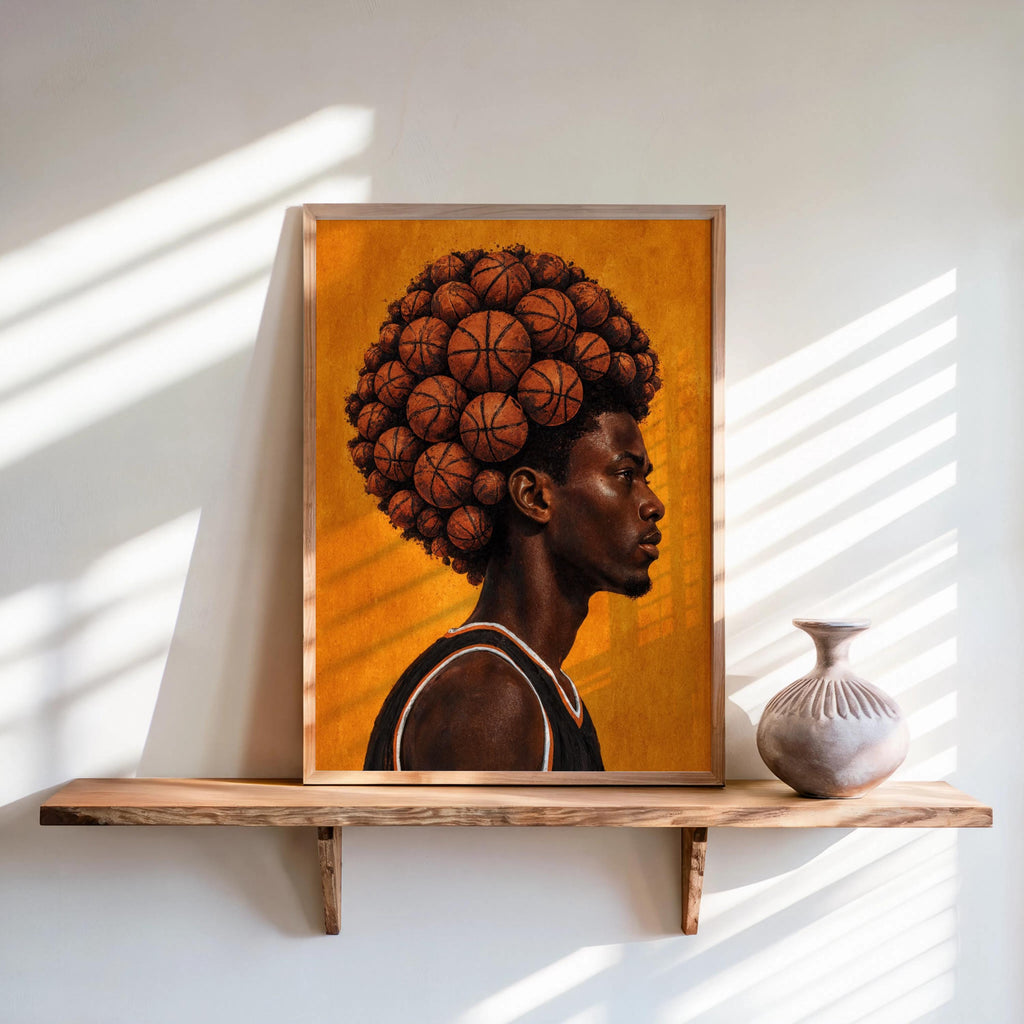 Basketball Afro Print, Surreal Athlete Portrait, Sneakerhead Sports Decor, Afrocentric Black Man Culture Poster, Modern Urban Wall Art