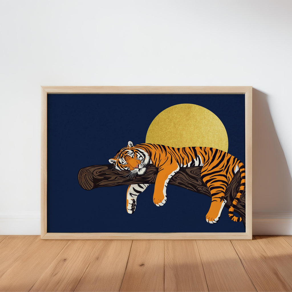 Navy background sleeping tiger wall art in light wood frame, bold moon highlight, modern tiger poster