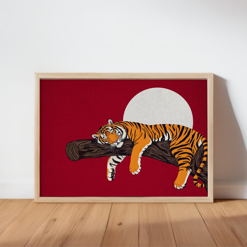 Framed sleeping tiger wall art on deep red, white moon contrast, colorful tiger print, retro vibe