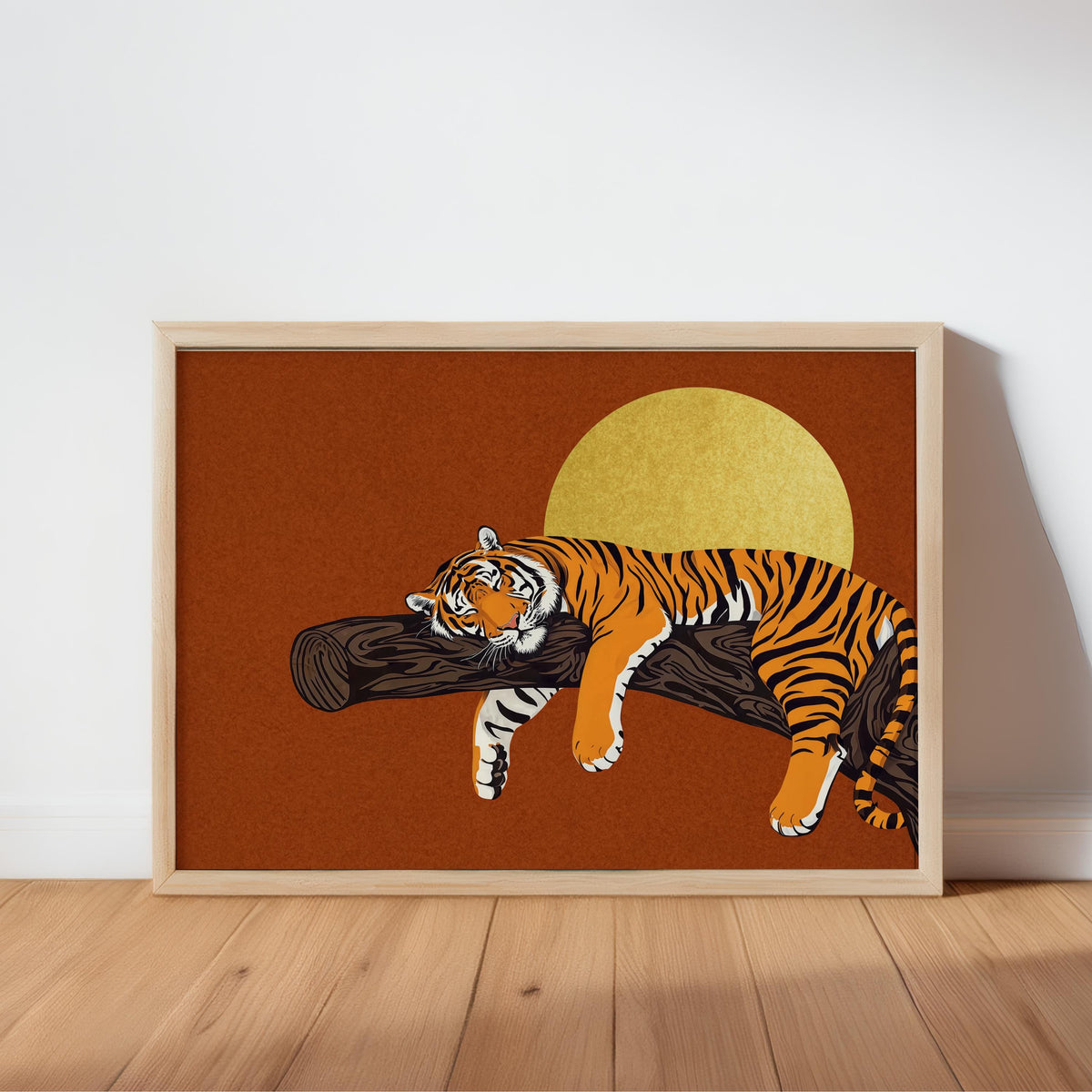 Rust background sleeping tiger wall art in simple wood frame, warm tones, mid century animal art