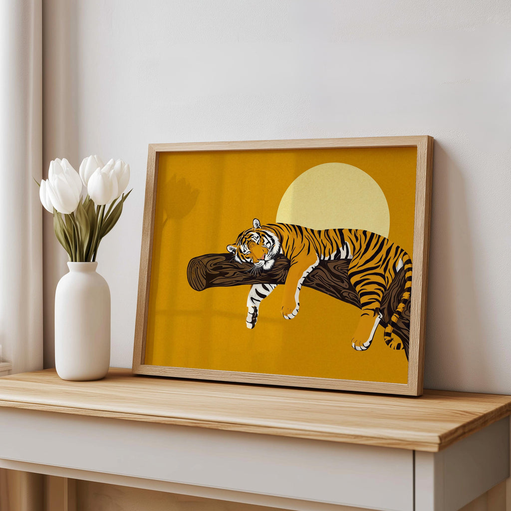 Mustard sleeping tiger wall art staged on shelf with white tulips, colorful tiger print, vintage look