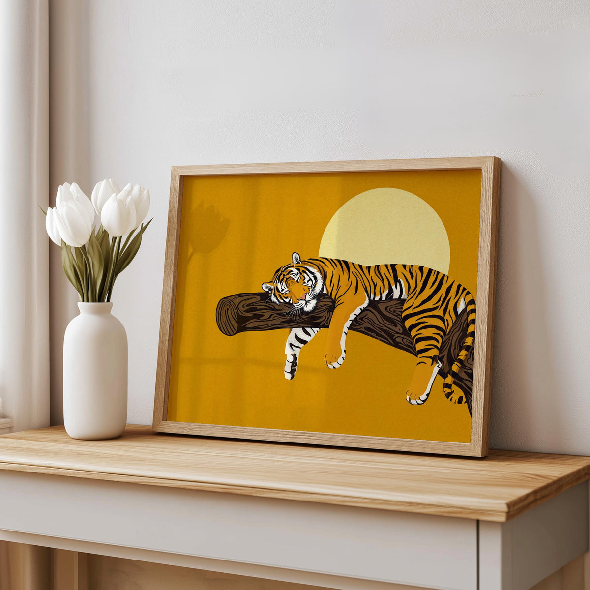 Mustard sleeping tiger wall art staged on shelf with white tulips, colorful tiger print, vintage look