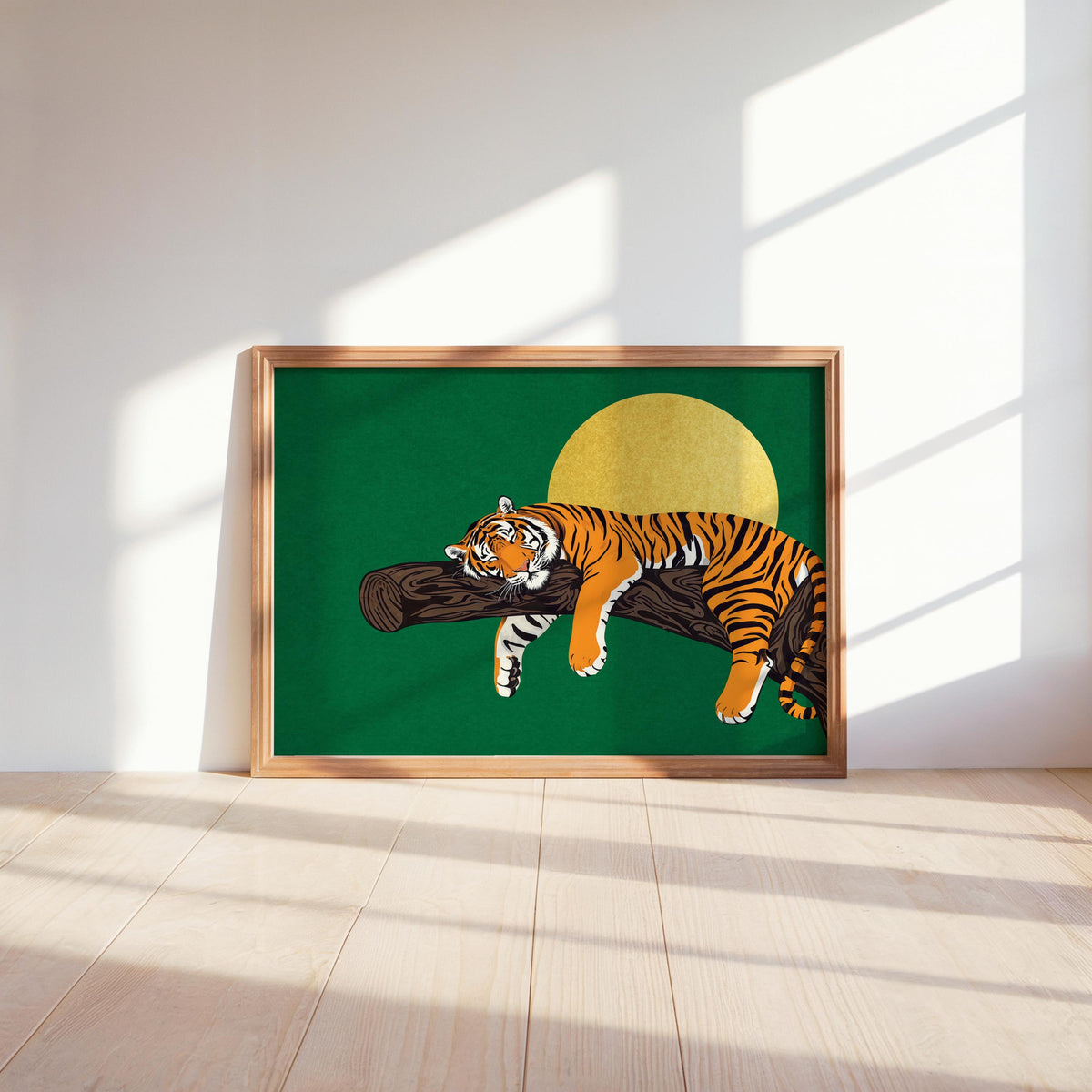 Shelved sleeping tiger wall art on green, wooden frame with vase and sunlight, tiger on branch art
