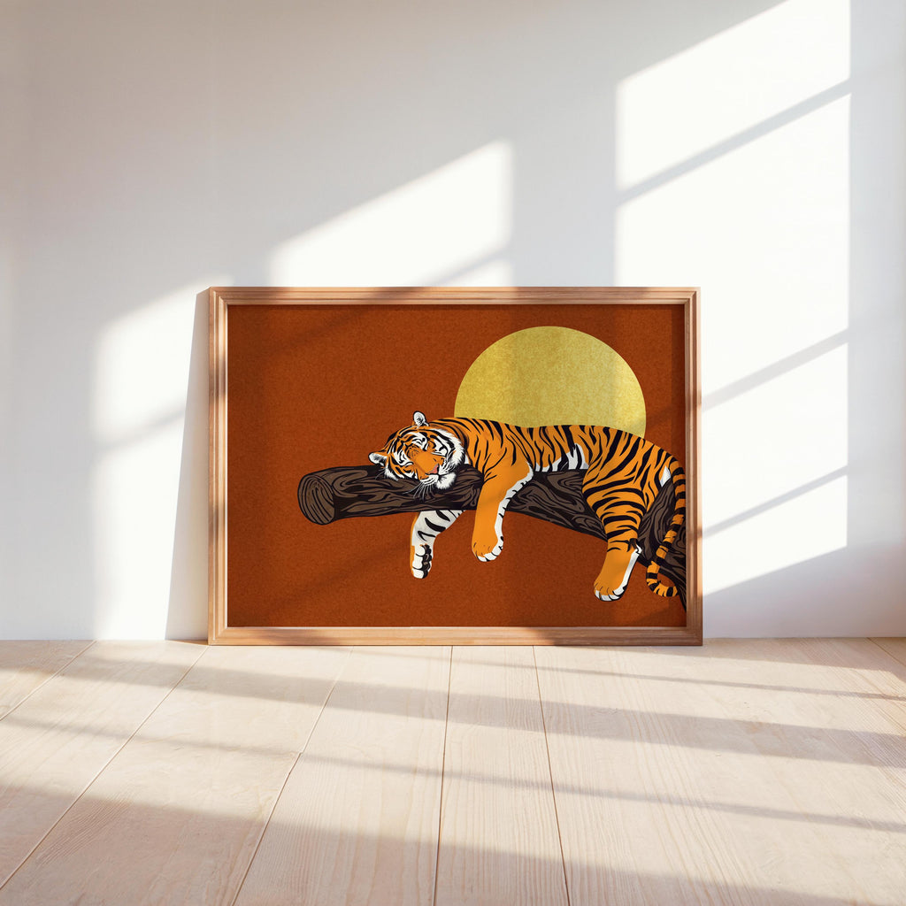 Rust sleeping tiger wall art displayed on shelf, natural light and wood tones, retro animal wall art