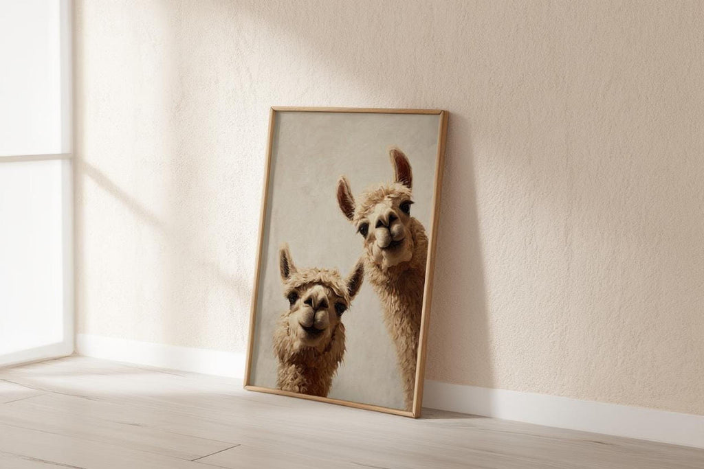 Tall frame propped against a textured wall near soft light, playful llamas in warm tones, alpaca nursery wall art vibe, digital download
