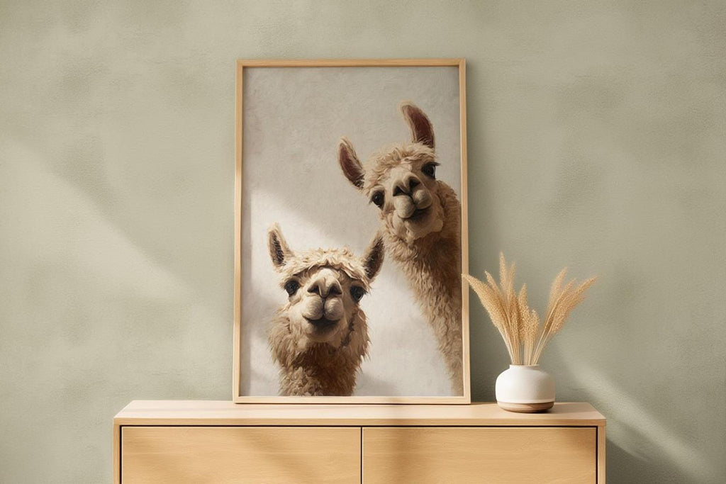 Framed print on a small dresser with dried grasses vase, subtle green wall, llama nursery wall art digital download for printing