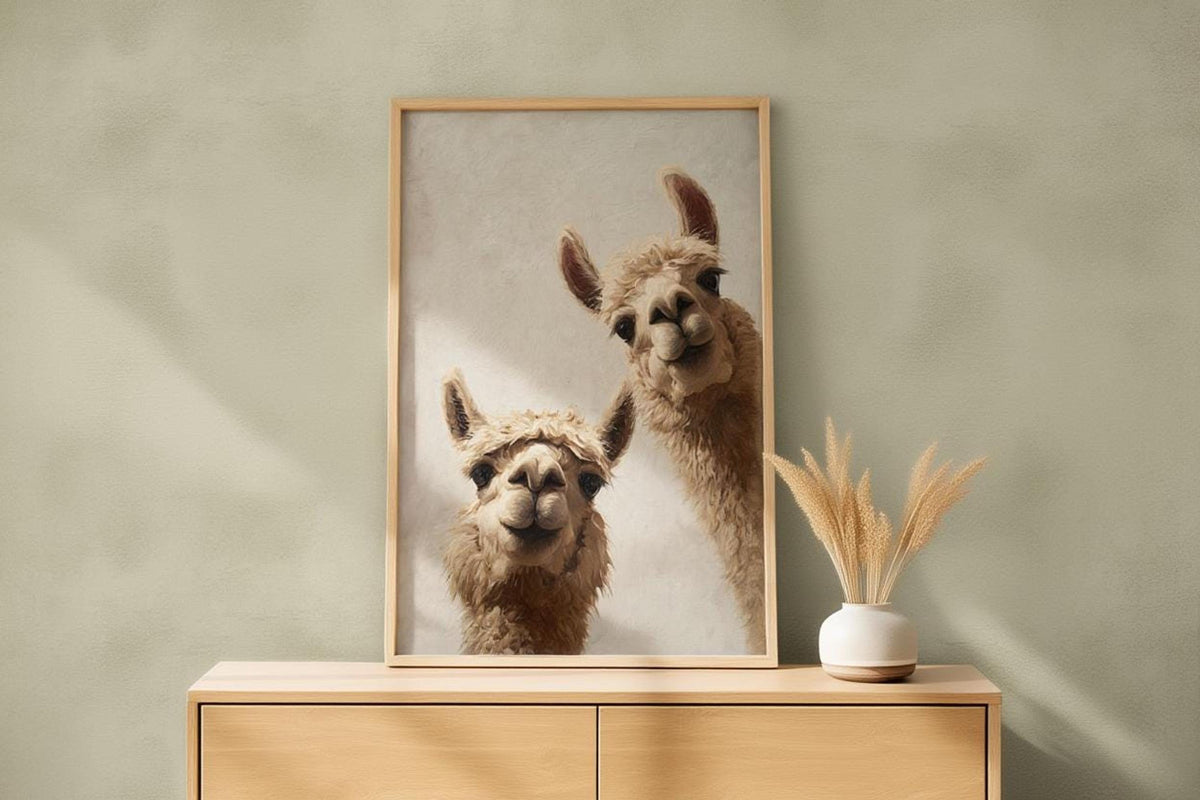 Framed print on a small dresser with dried grasses vase, subtle green wall, llama nursery wall art digital download for printing