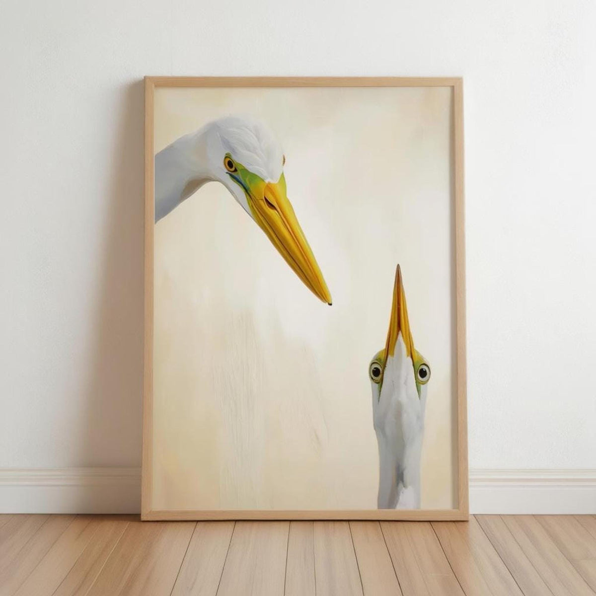 Framed mid century modern bird print leaning on floor, two egrets side-eyeing on cream, funny bird wall art printable