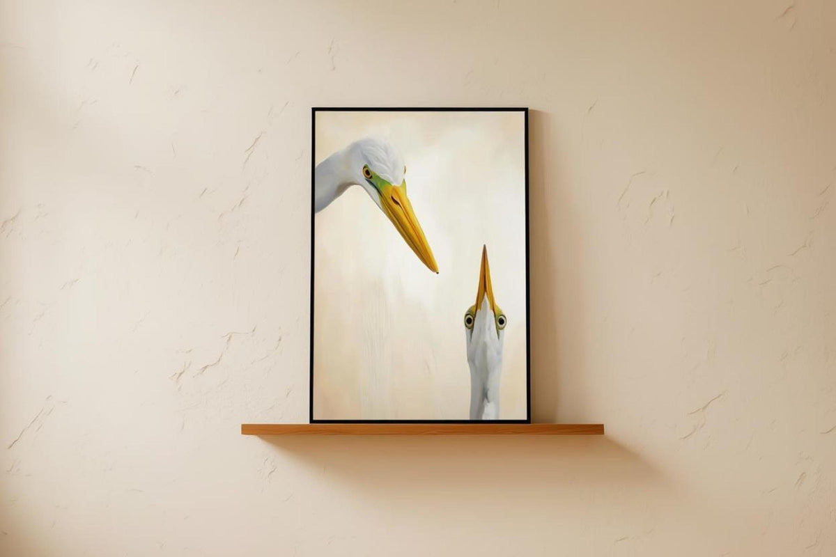 Small wall shelf holding framed minimalist bird poster, tall egret looking up, airy coastal decor vibe