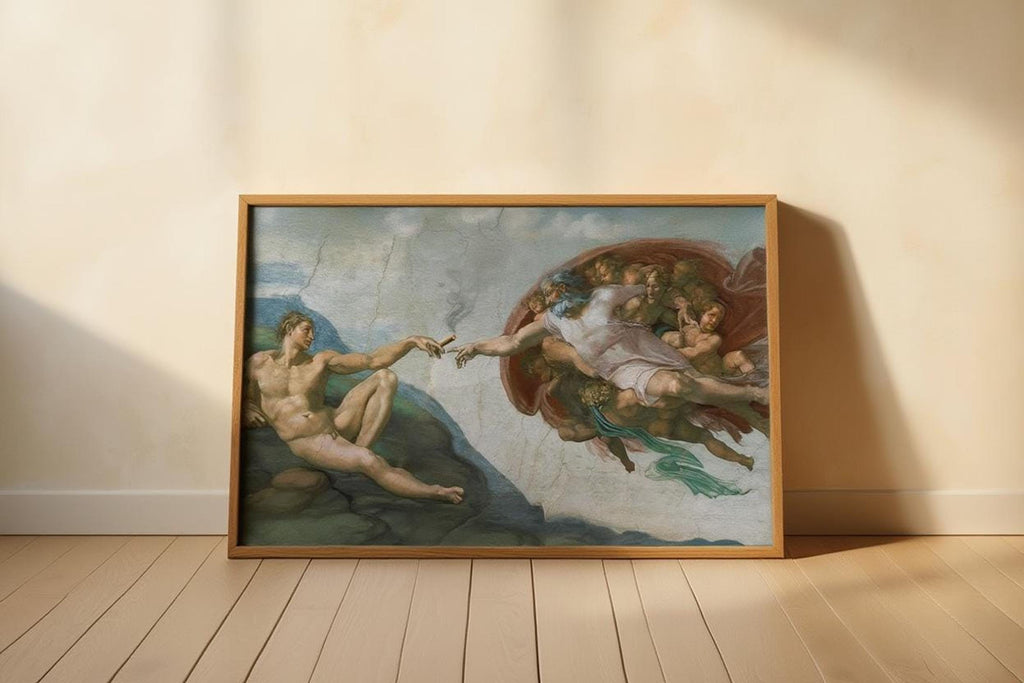 Framed funny michelangelo poster propped on floor, warm light on cracked plaster, vintage classical twist