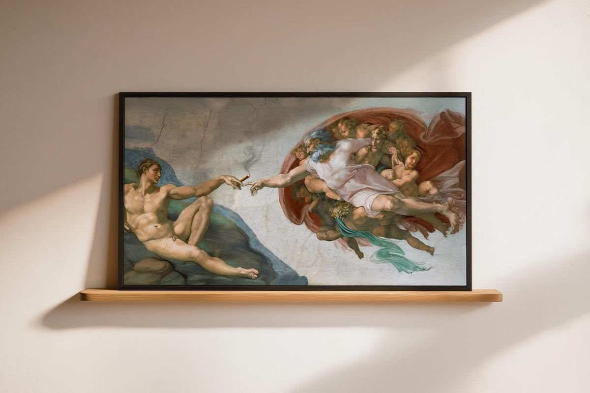 Horizontal renaissance art parody wall decor on a floating shelf, soft shadow, muted blue green sky visible
