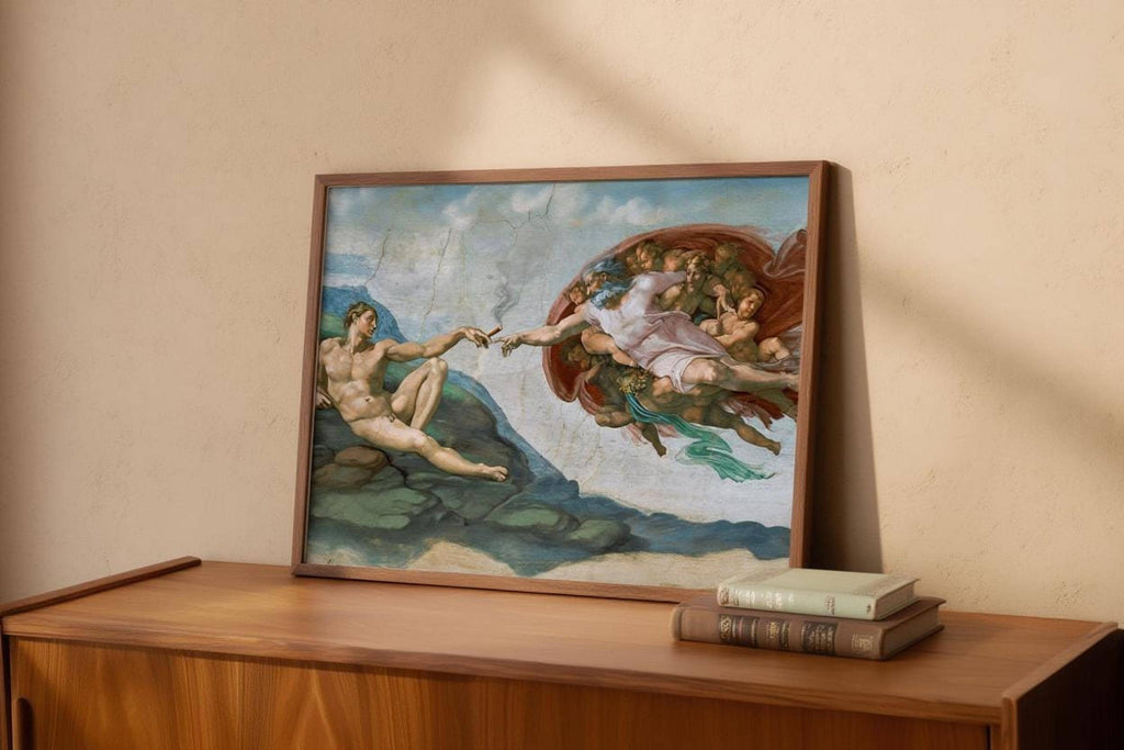 Framed funny classical painting print resting on a wood console, textured beige wall, vintage fresco feel