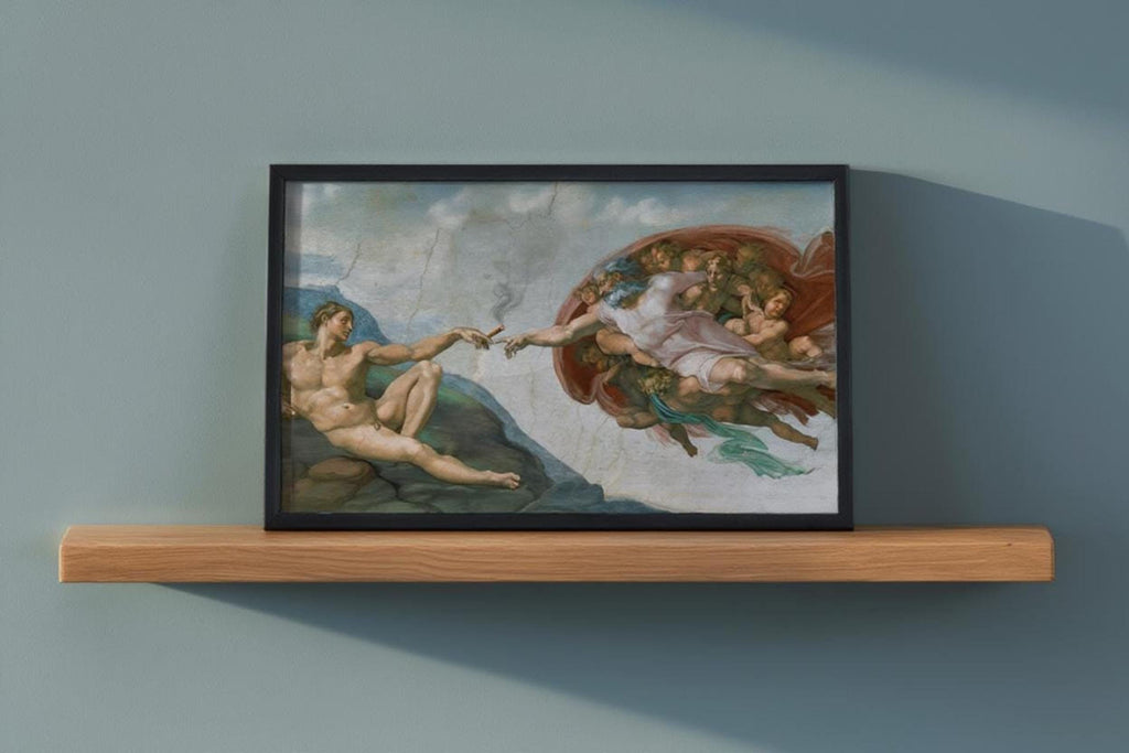 Creation of adam parody print on a simple shelf, cool blue wall, framed horizontal layout, worn plaster detail
