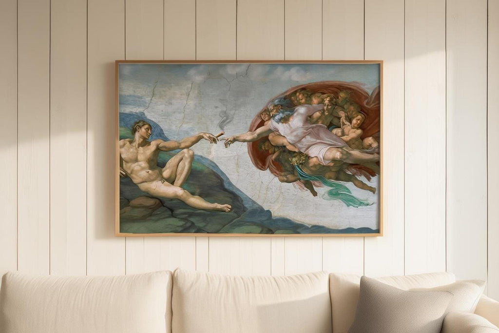 Creation of adam funny wall art hung above a sofa, bright natural light, subtle cracks in the fresco visible