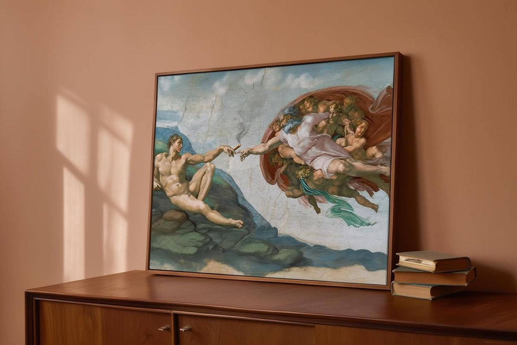 Framed funny art history gift on a midcentury console, warm peach wall, cigarette lit in classical scene