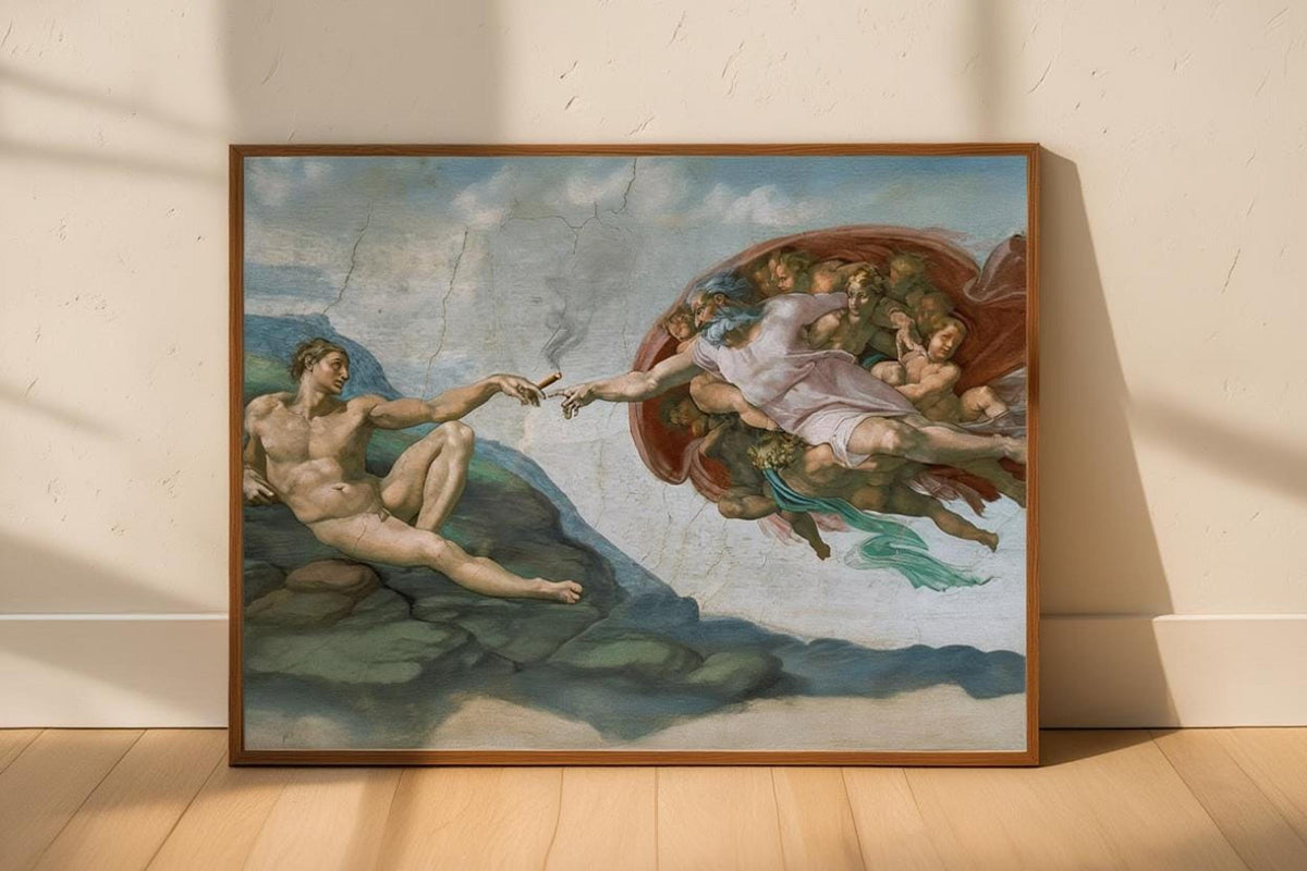 Large framed renaissance art parody leaning on floor, soft daylight, earthy tones and cracked plaster texture