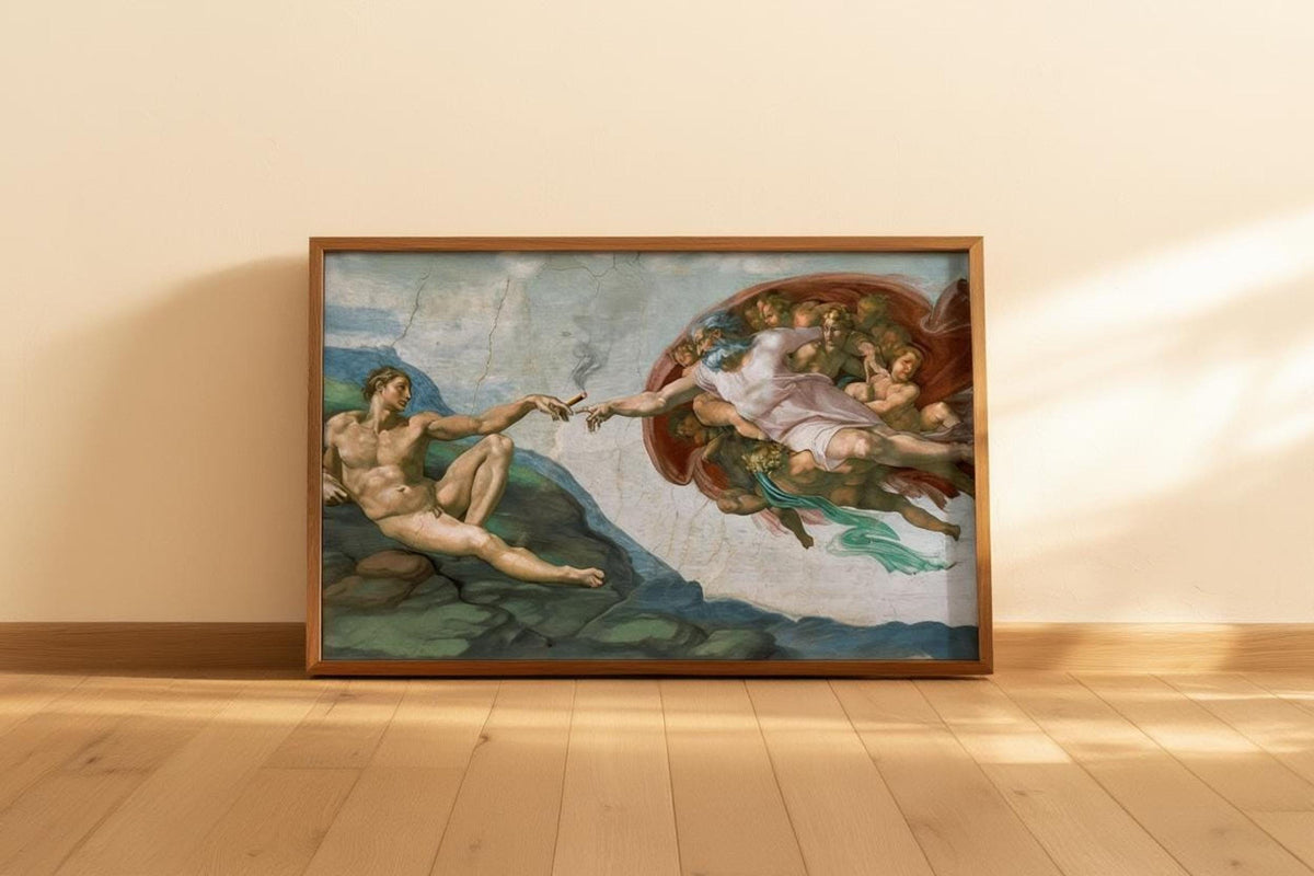 Creation of adam funny wall art leaning in bright sunbeams on a wood floor, printable digital download styling
