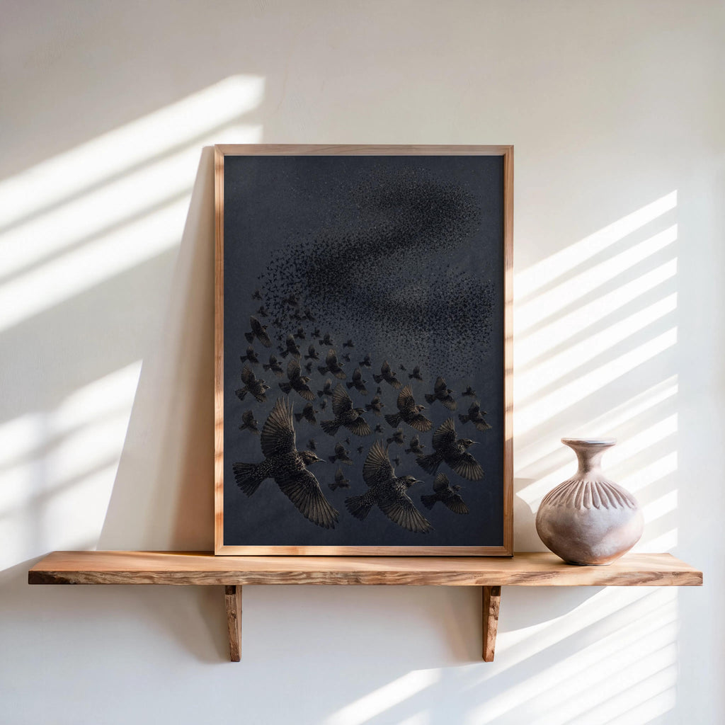 Starling Flock Print, Bird Murmuration Wall Art, Minimalist Animal Poster, Wildlife Fine Art, Nature Lover Gift, Nature Lover Gift