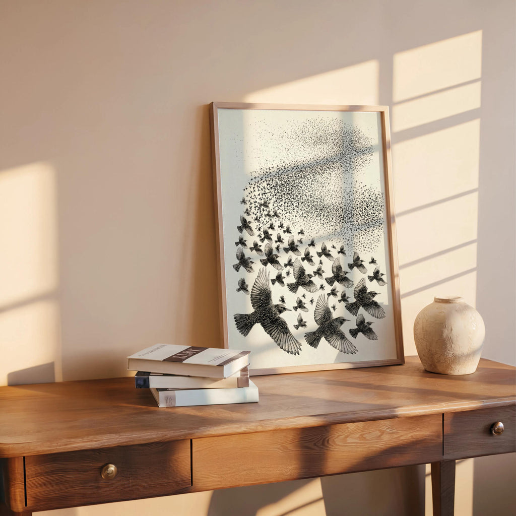 Starling Flock Print, Bird Murmuration Wall Art, Minimalist Animal Poster, Wildlife Fine Art, Nature Lover Gift, Nature Lover Gift