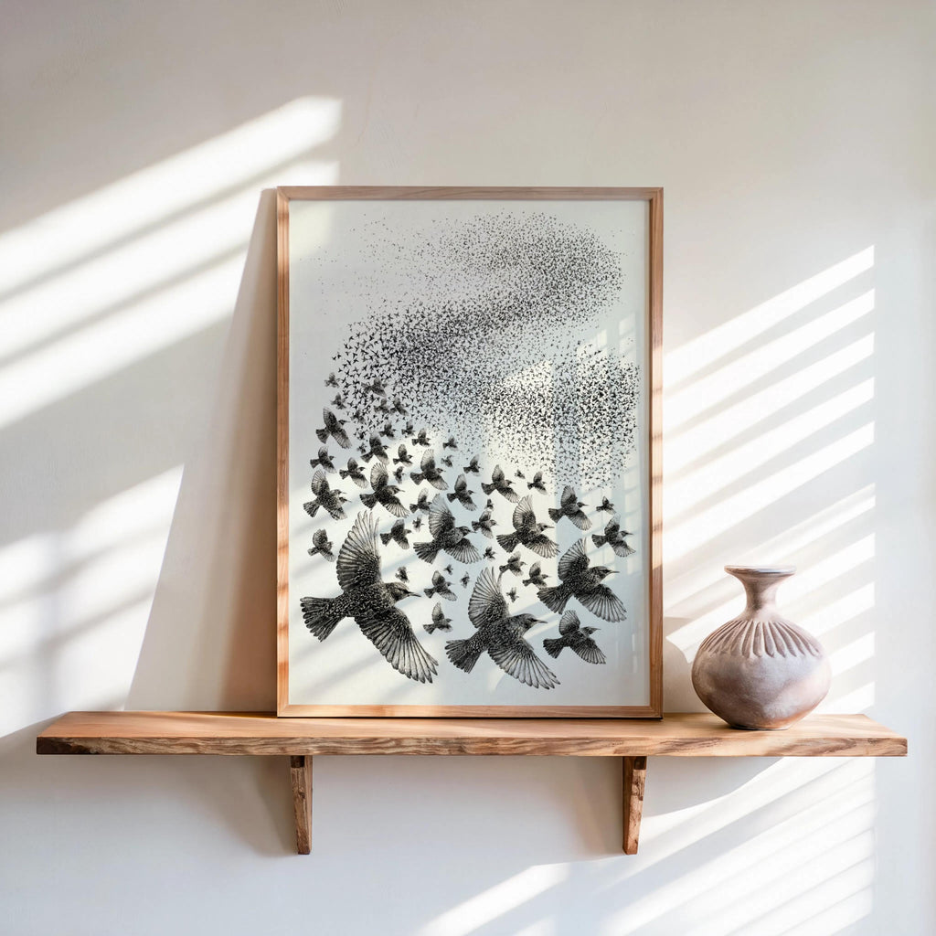 Starling Flock Print, Bird Murmuration Wall Art, Minimalist Animal Poster, Wildlife Fine Art, Nature Lover Gift, Nature Lover Gift