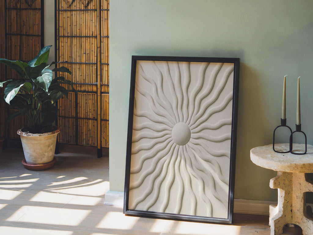 Sunburst Wall Art, Minimalist Wavy Relief Print, Beige Abstract Texture Poster, Modern Japandi Home Decor, Mid Century Boho Canvas