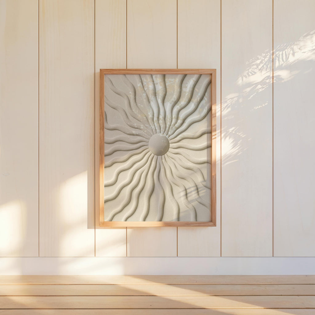 Sunburst Wall Art, Minimalist Wavy Relief Print, Beige Abstract Texture Poster, Modern Japandi Home Decor, Mid Century Boho Canvas