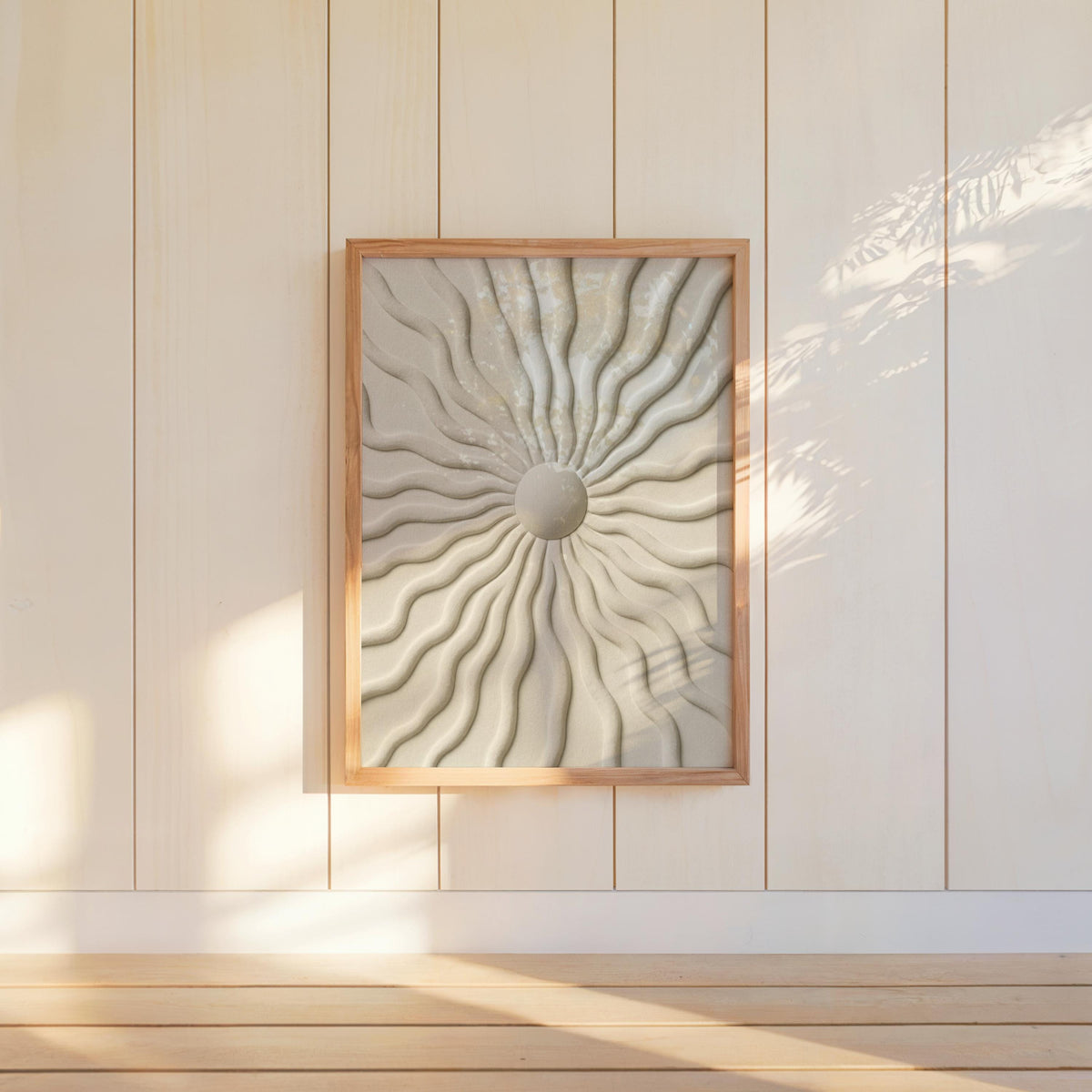 Sunburst Wall Art, Minimalist Wavy Relief Print, Beige Abstract Texture Poster, Modern Japandi Home Decor, Mid Century Boho Canvas
