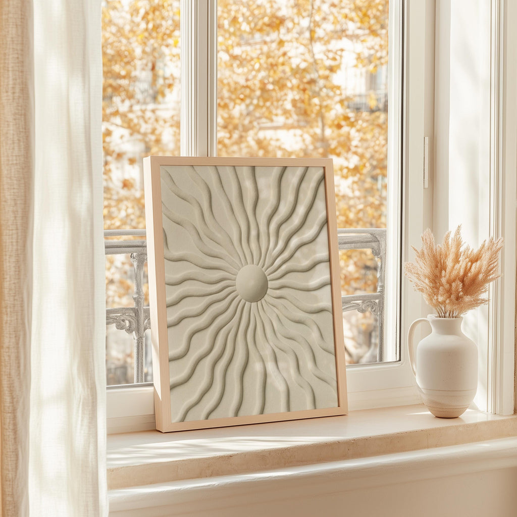 Sunburst Wall Art, Minimalist Wavy Relief Print, Beige Abstract Texture Poster, Modern Japandi Home Decor, Mid Century Boho Canvas