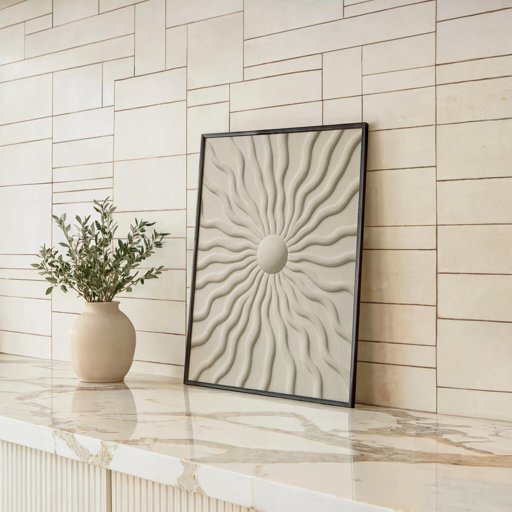 Sunburst Wall Art, Minimalist Wavy Relief Print, Beige Abstract Texture Poster, Modern Japandi Home Decor, Mid Century Boho Canvas