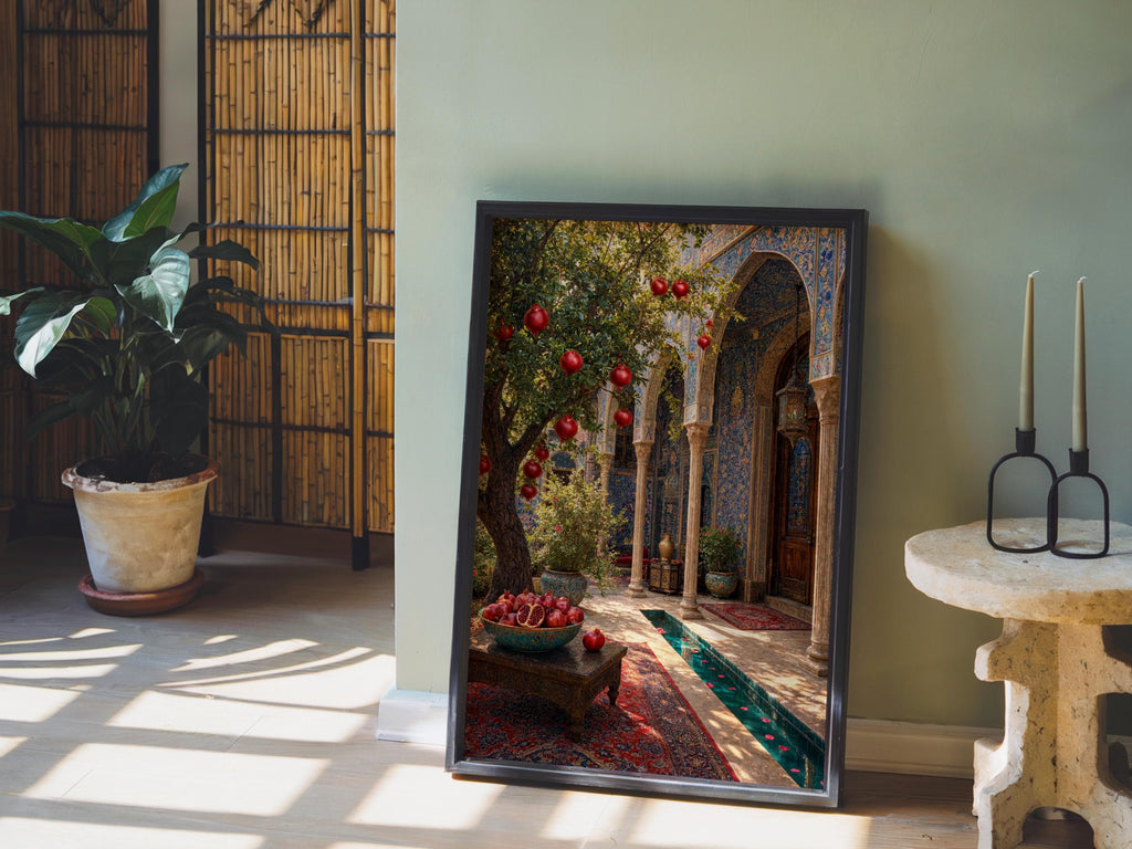 Persian courtyard wall art leaning by a potted plant, ornate arches, patterned rug, painterly warmth