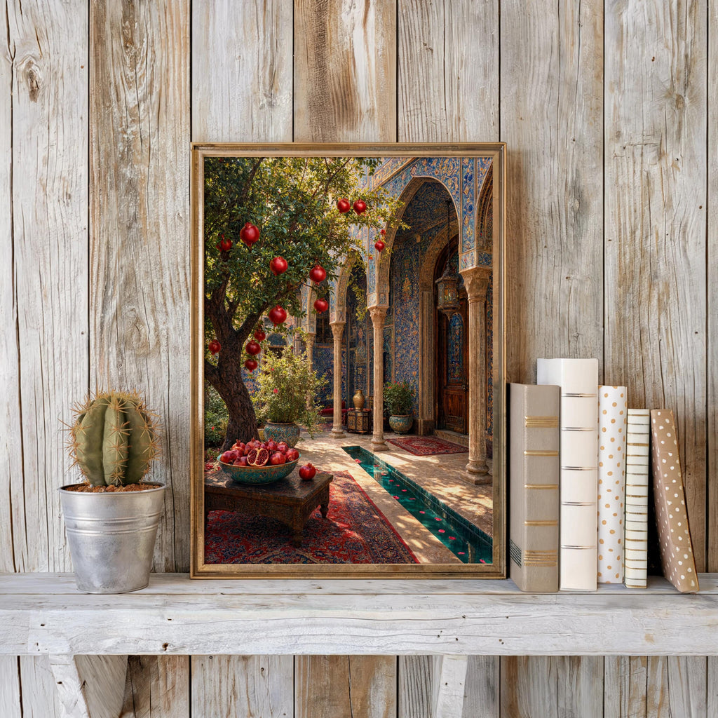 Persian courtyard wall art on weathered wood shelf, cactus and books, blue-green fountain tiles, Oriental garden print