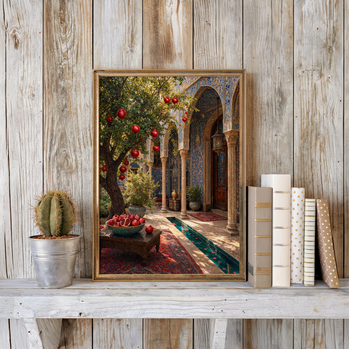 Persian courtyard wall art on weathered wood shelf, cactus and books, blue-green fountain tiles, Oriental garden print