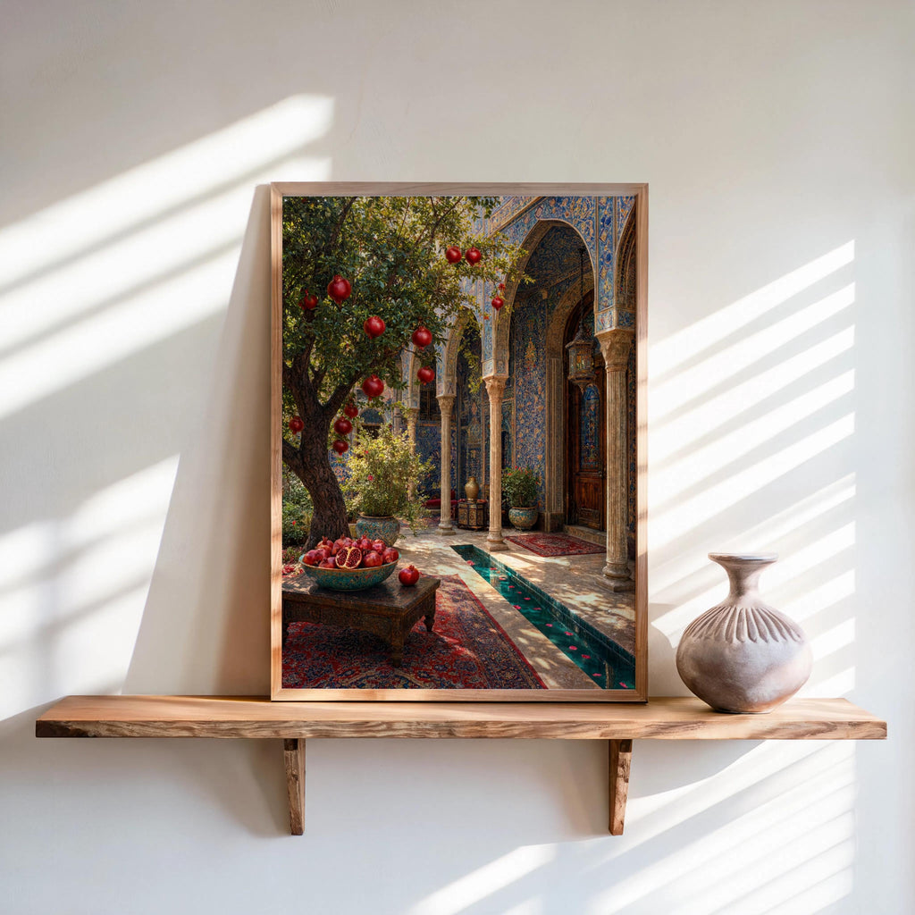 Framed Persian courtyard wall art on a floating shelf, strong sunlight, ornate Islamic arch print, Middle Eastern wall decor