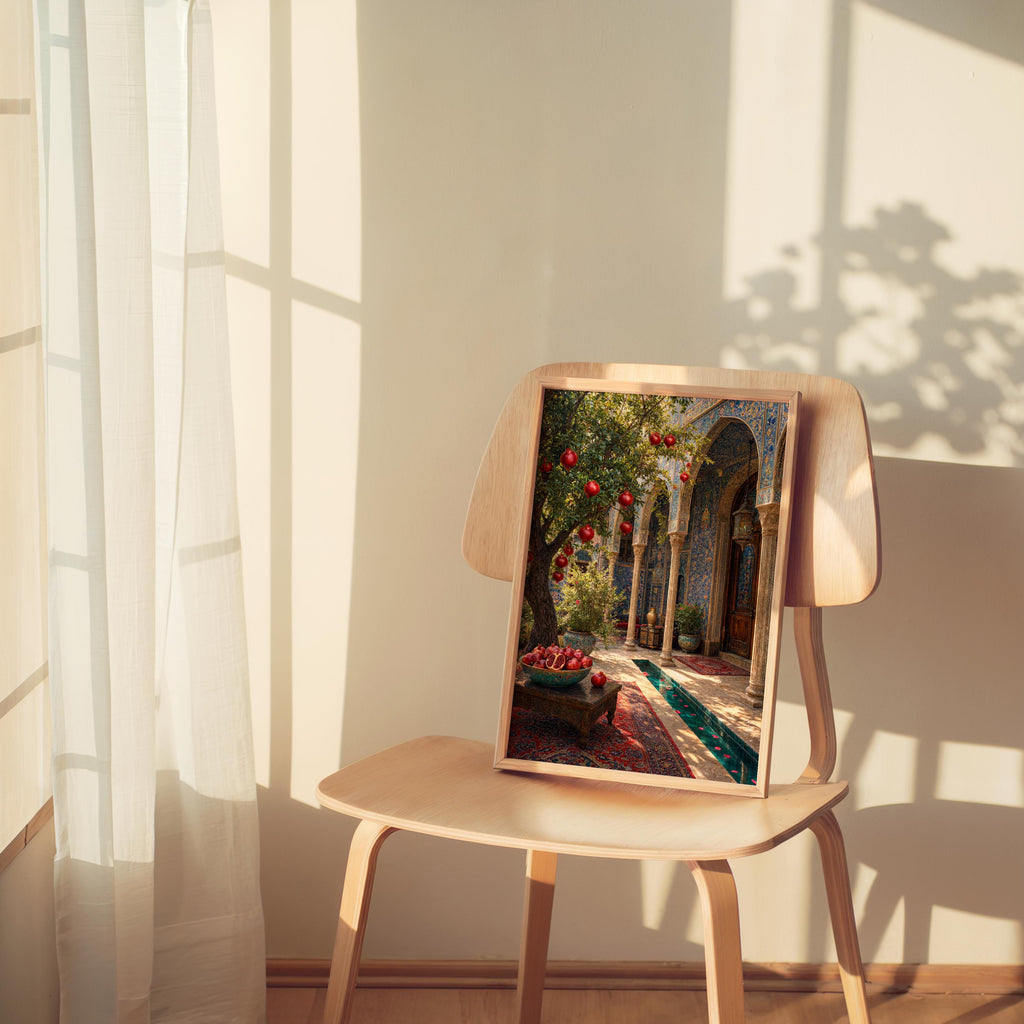 Small framed Persian courtyard wall art on a wooden chair, soft morning light, pomegranate tree wall art, boho vibe