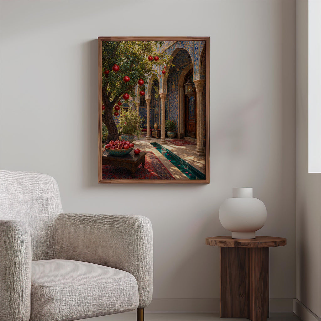 Persian courtyard wall art above a cozy armchair, warm neutrals, Persian architecture print, patterned rugs visible